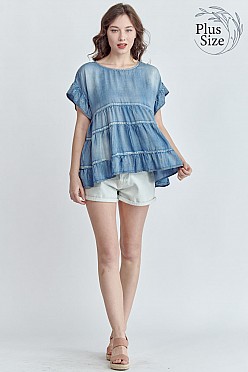 Plus Size Washed Tiered Ruffled Top